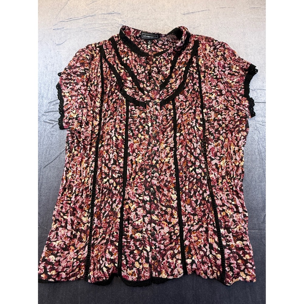 Elementz Pink Floral Crochet Lace Trim Button Front Blouse XL MCPW0424